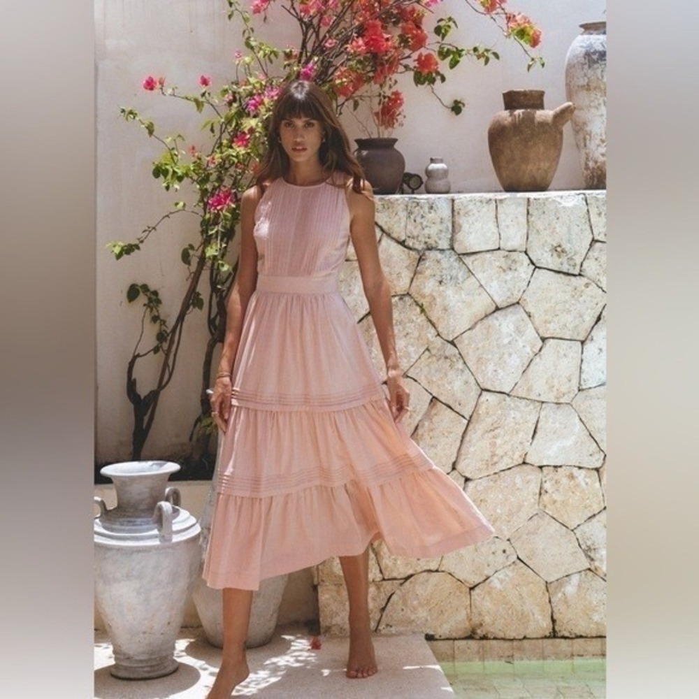 Pampelone Perle Midi Dress Womens Medium Beige Peachy Cotton Tiered Resort Beach